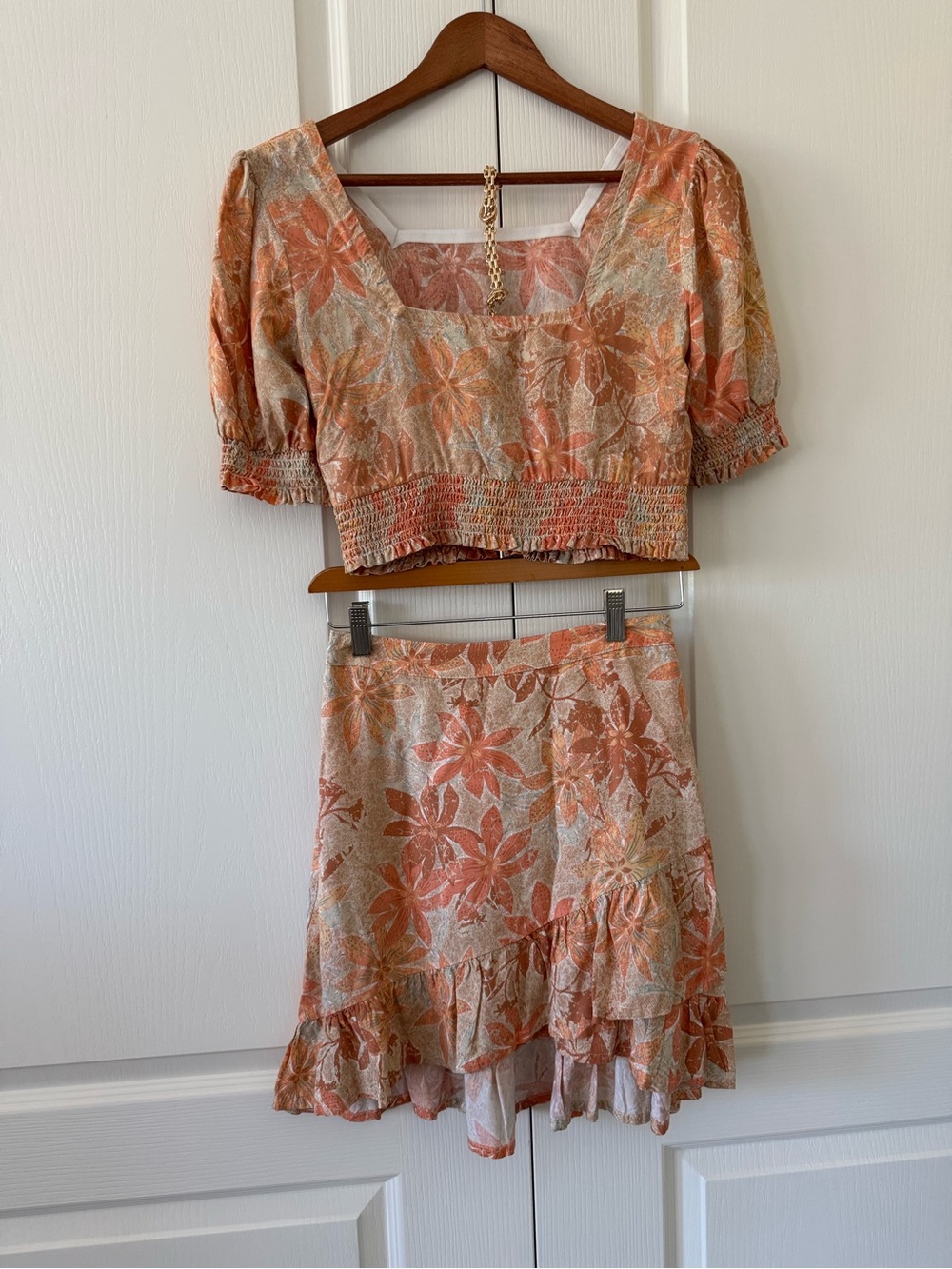 Roxy Peach Tan Floral Two-Piece Crop Top and Ruffle Mini Skirt Set